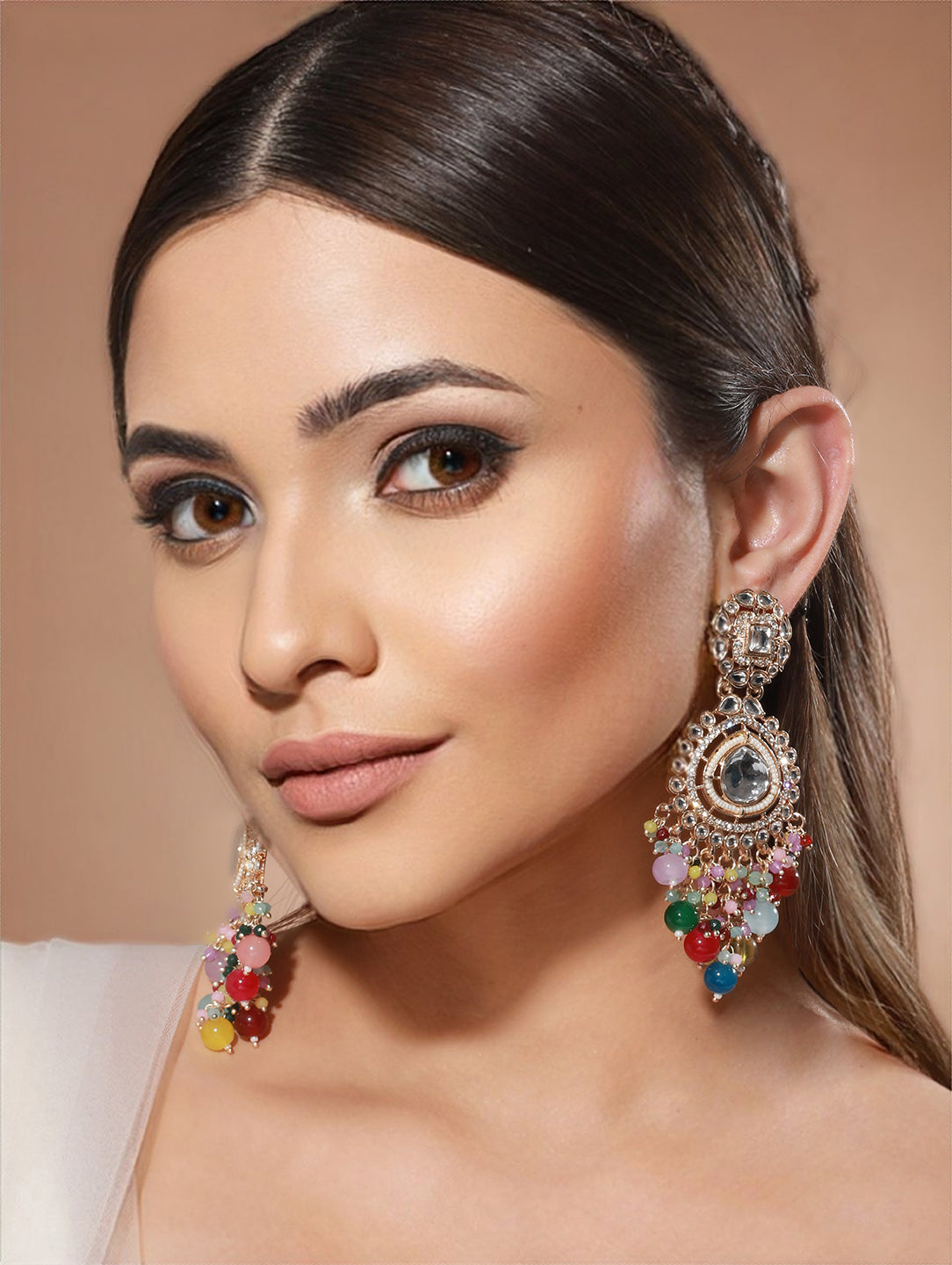 Ajio Ladies Gold Drop Earrings Multicolor Floral Stone Studded