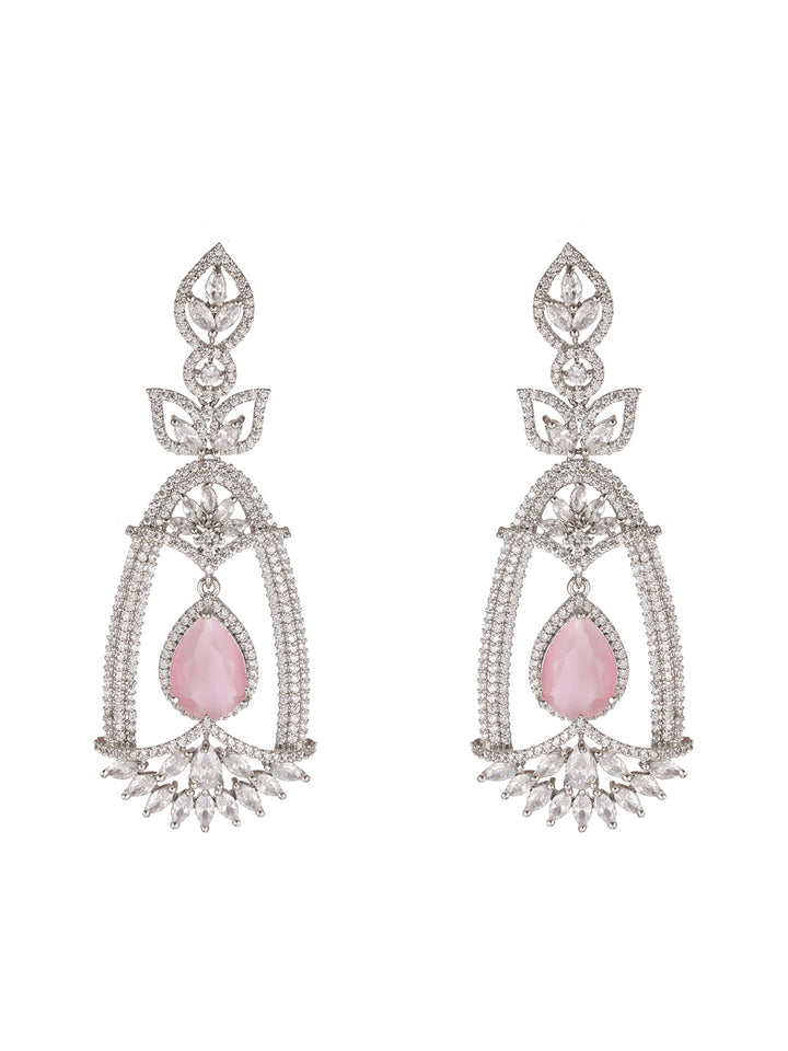 Pink Leaf American Diamond Silver-Plated Drop Earrings