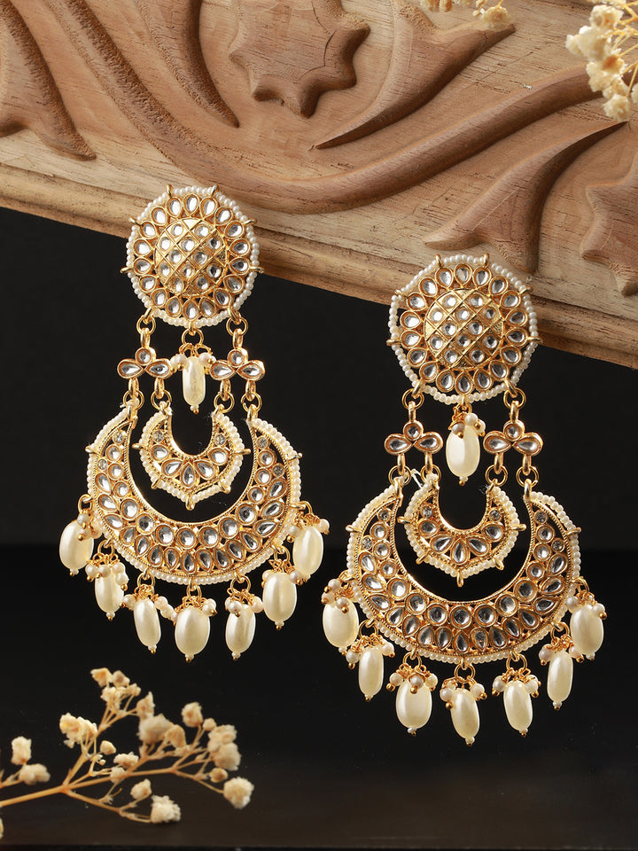 White Floral Kundan Pearl Beads Gold-Plated Chandbali Drop Earrings