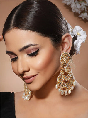 White Floral Kundan Pearl Beads Gold-Plated Chandbali Drop Earrings