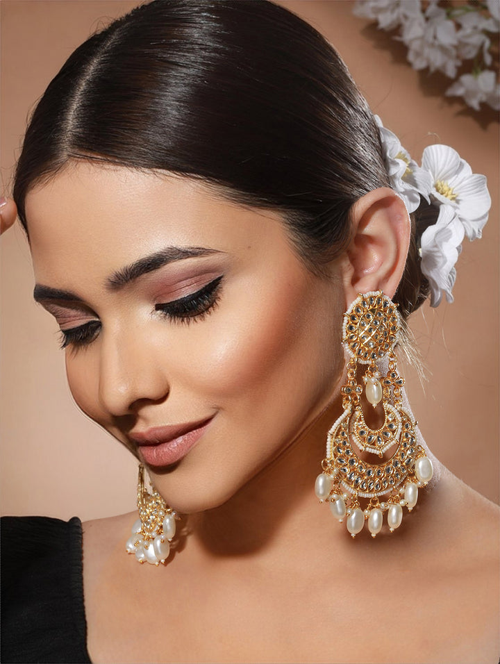 White Floral Kundan Pearl Beads Gold-Plated Chandbali Drop Earrings