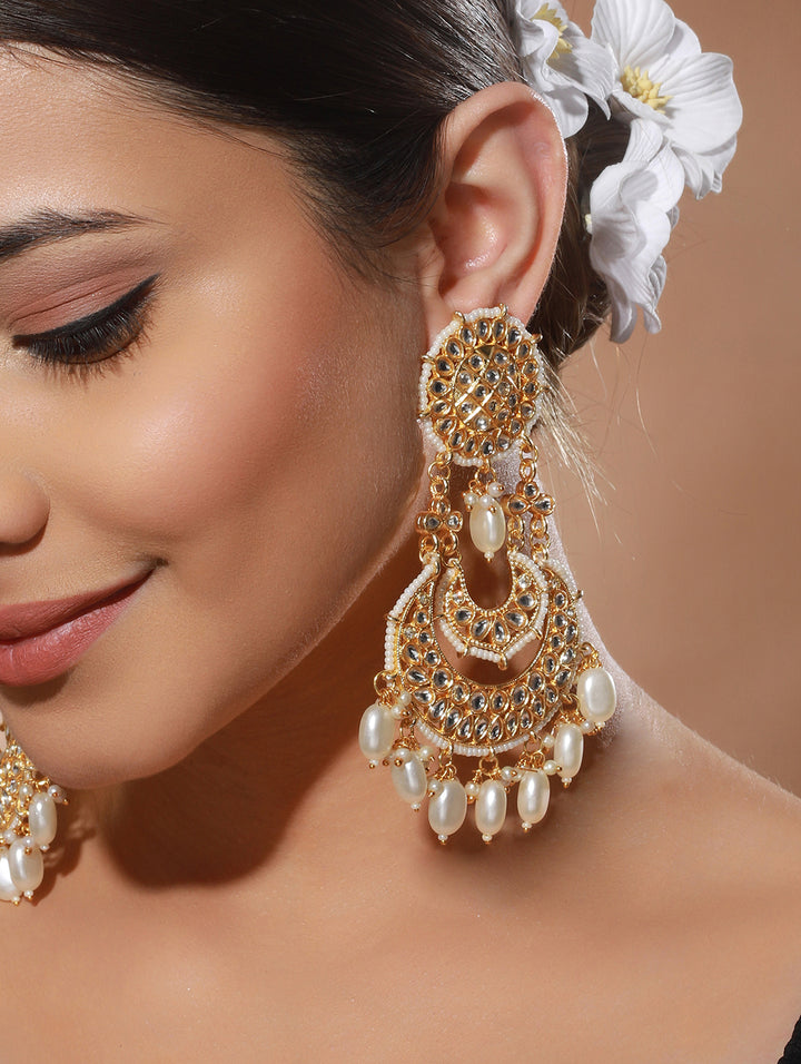 White Floral Kundan Pearl Beads Gold-Plated Chandbali Drop Earrings