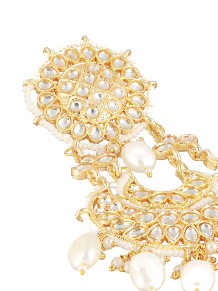 White Floral Kundan Pearl Beads Gold-Plated Chandbali Drop Earrings