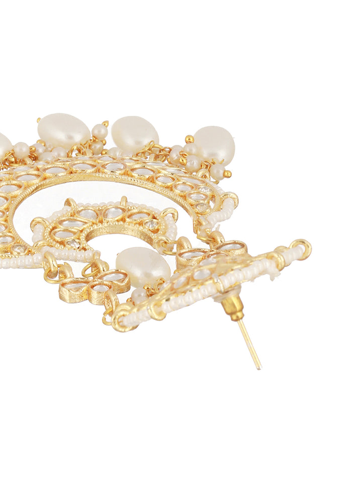 White Floral Kundan Pearl Beads Gold-Plated Chandbali Drop Earrings