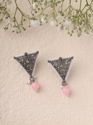 Priyaasi Triangle Shape Pink Bead Drop Earrings