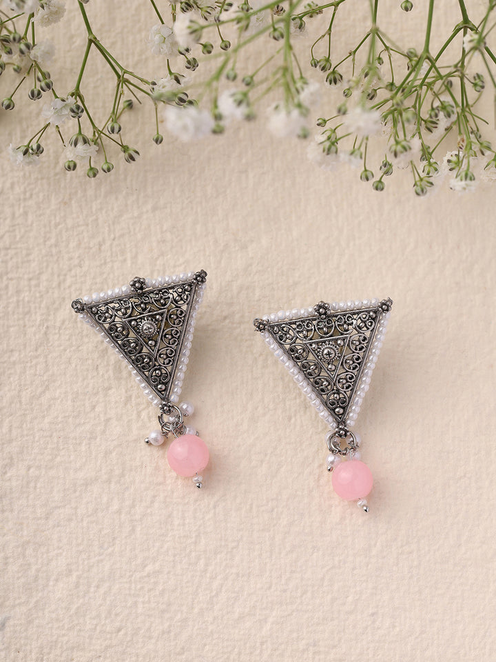 Priyaasi Triangle Shape Pink Bead Drop Earrings
