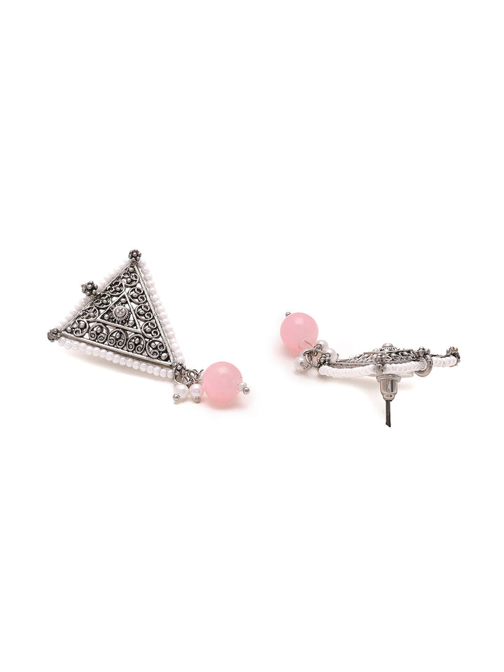 Priyaasi Triangle Shape Pink Bead Drop Earrings