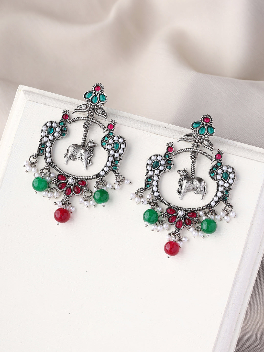Multicolor - Saanjh Bela Peacock Chandbali Oxidised Earrings