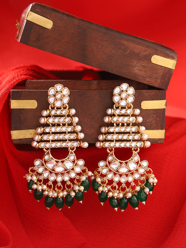 Priyaasi Floral Temple Shape Green Kundan Earrings
