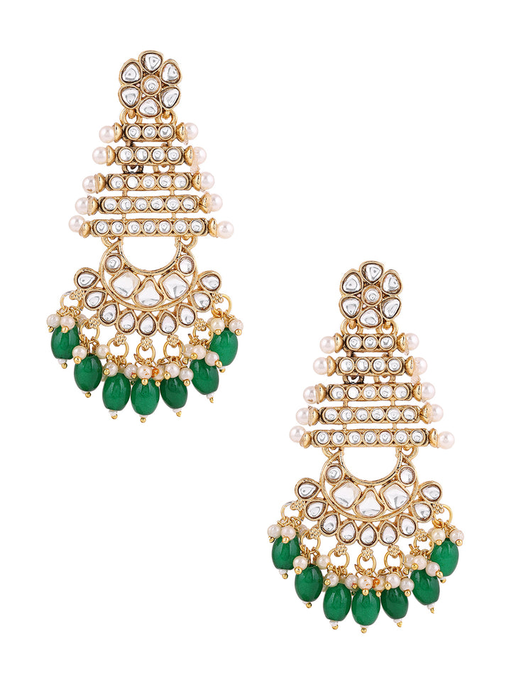 Priyaasi Floral Temple Shape Green Kundan Earrings