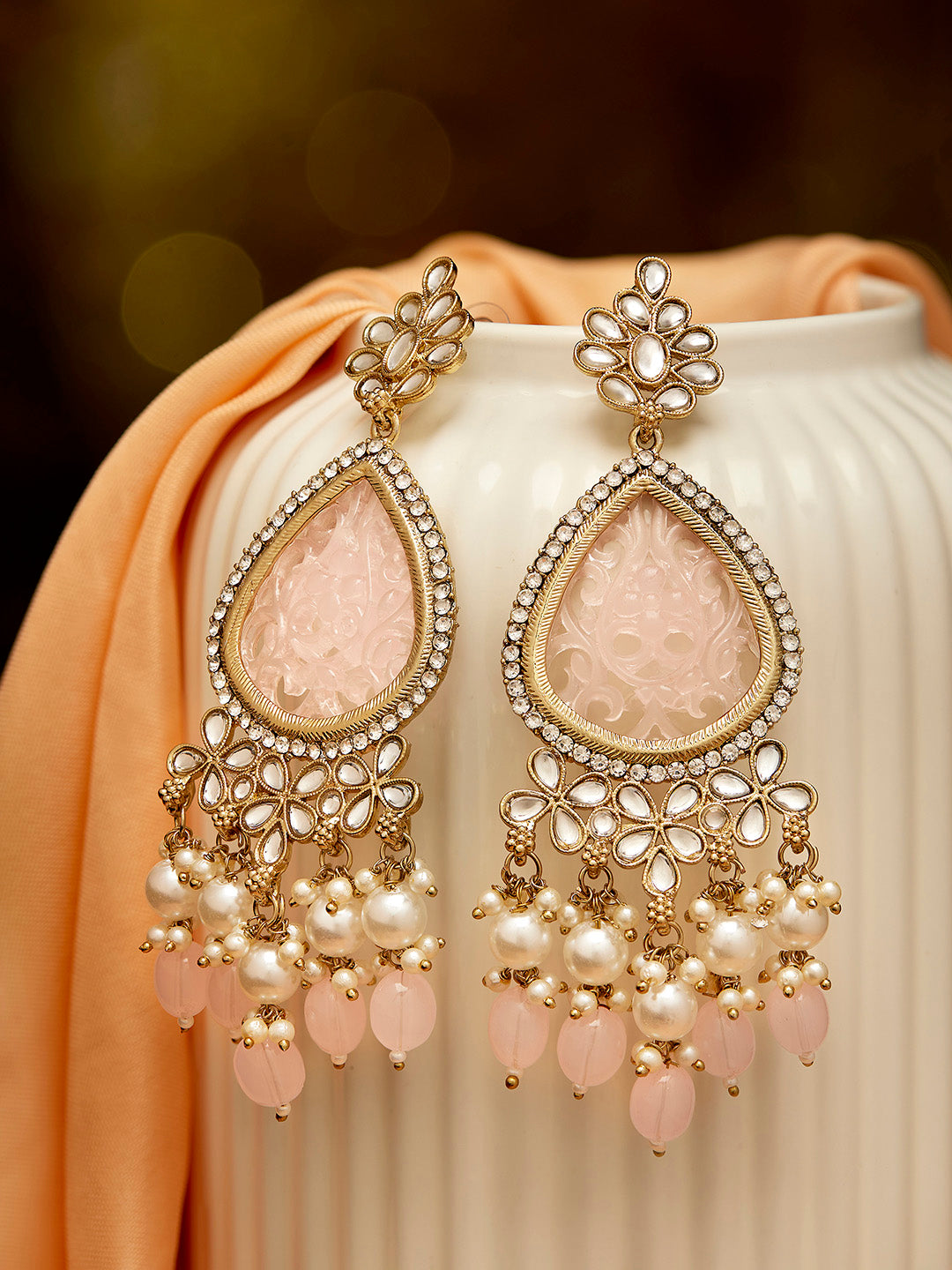 Priyaasi Pink Pearl Beads Kundan Floral Design Drop Pattern Gold Plated  Earrings