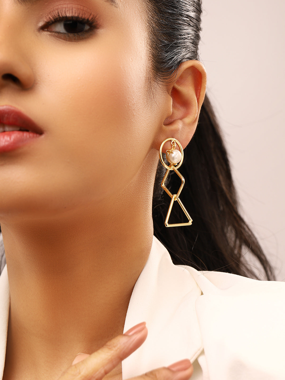 Priyaasi Pearl Geometric Shaped Drop Earrings - Main Image