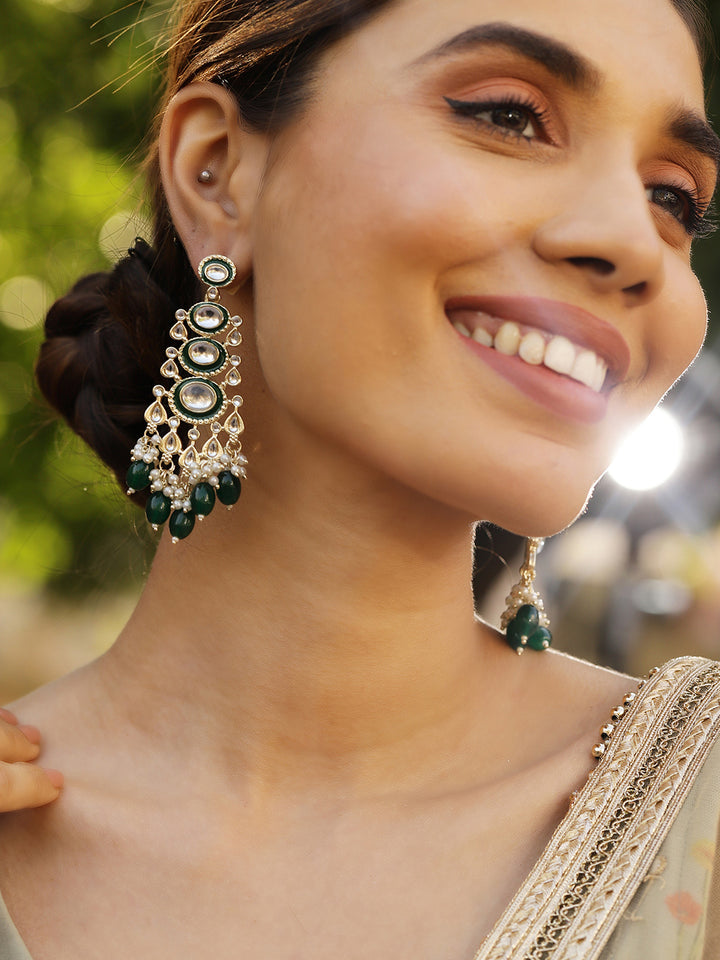 Priyaasi Simple Green Kundan Beads Drop Gold Plated Elegant earrings