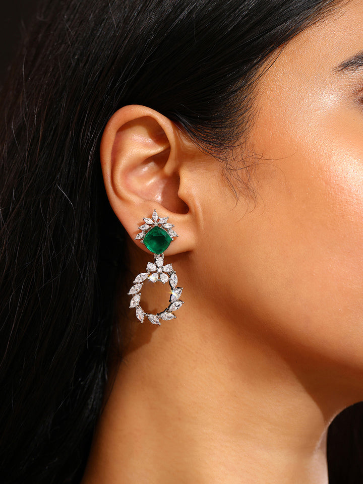 Priyaasi Fancy Floral Pink Green AD Stones Elegance Silver Plating Drop earrings