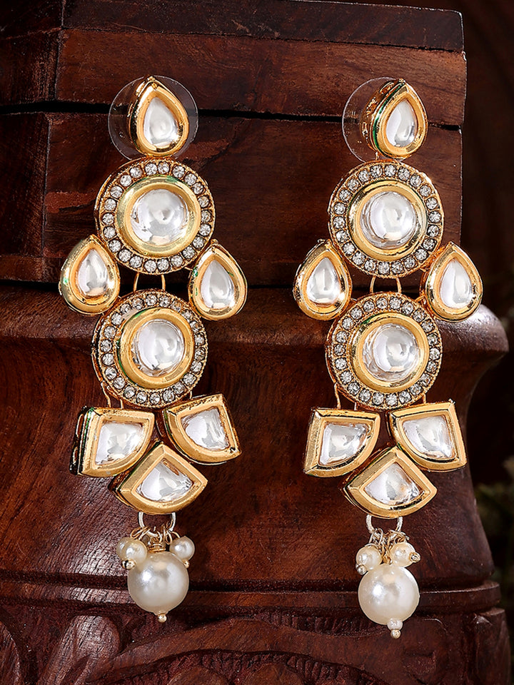 Priyaasi Gold Plated Glamour Kundan and Pearl Drop Earrings in Geometric Shape