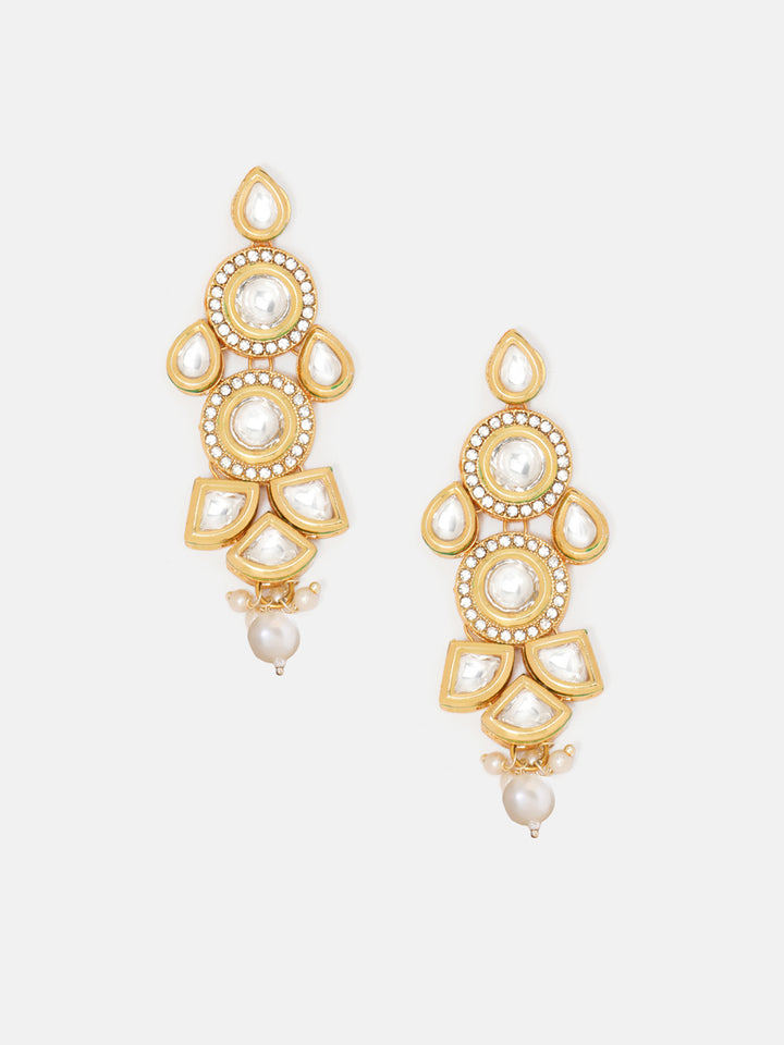 Priyaasi Gold Plated Glamour Kundan and Pearl Drop Earrings in Geometric Shape