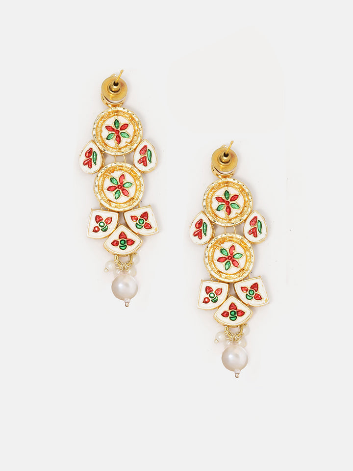 Priyaasi Gold Plated Glamour Kundan and Pearl Drop Earrings in Geometric Shape