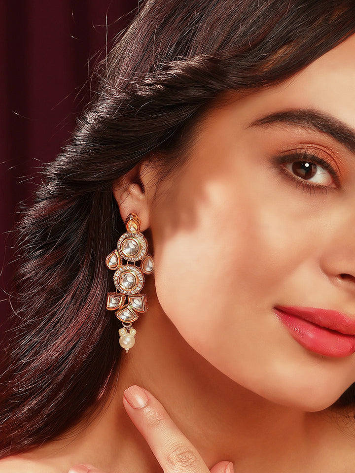 Priyaasi Gold Plated Glamour Kundan and Pearl Drop Earrings in Geometric Shape