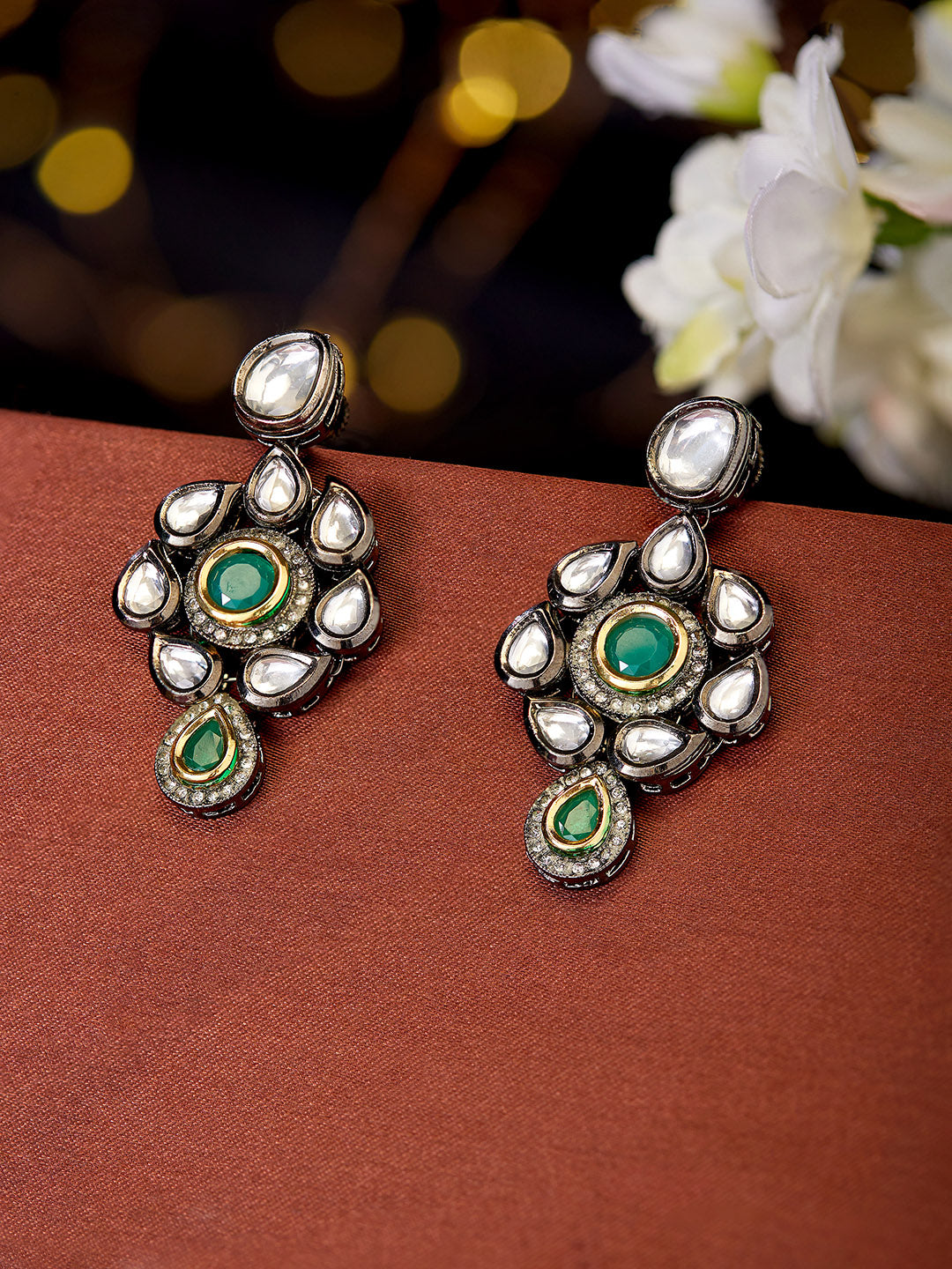 Priyaasi Floral Pattern Kundan Drop Earrings with Green Stone in Gold
