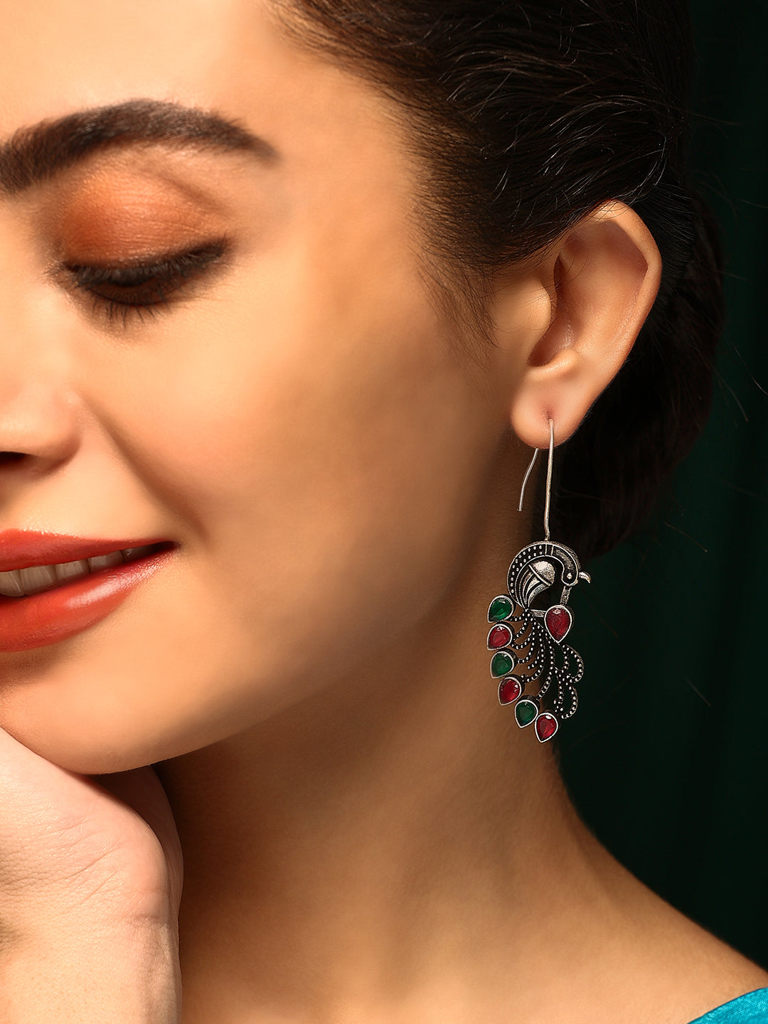 Priyaasi Silver Plated Ruby Green Oxidized Peacock Drop Earrings