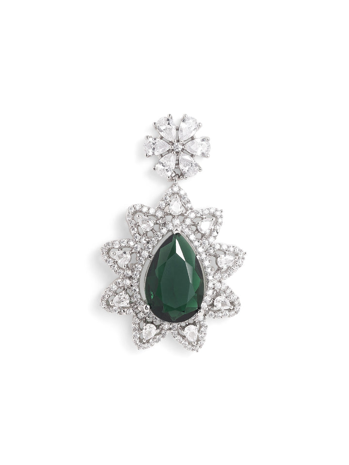 Emerald Royal Elegance Floral Pattern AD Silver Plated Drop Earrings