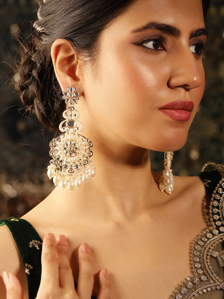 Kundan Pearl Elegance Blooming Floral Pattern Gold Plated Drop Earrings