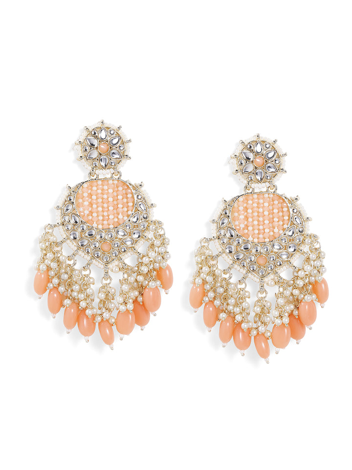 Peach Kundan Floral Pattern Gold Pattern Elegant Drop Earrings