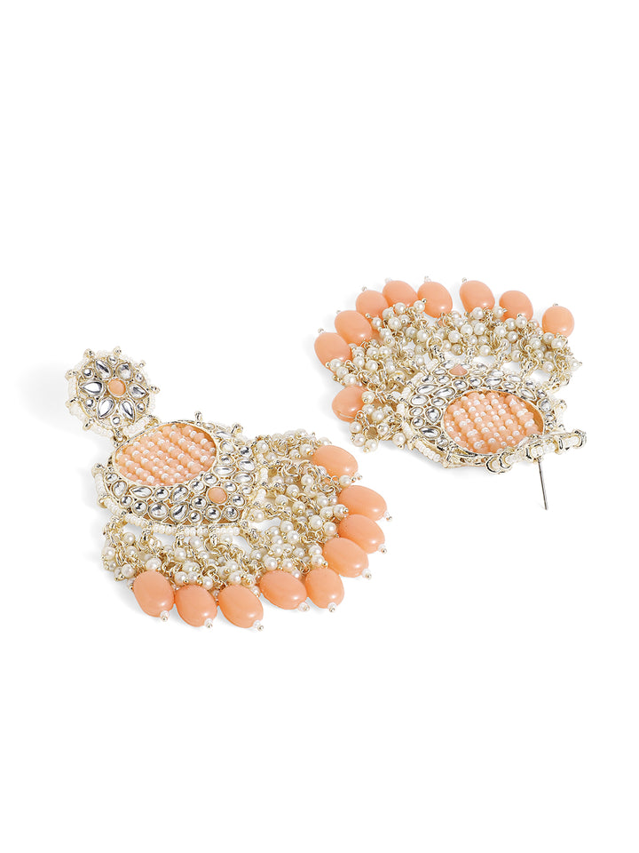 Peach Kundan Floral Pattern Gold Pattern Elegant Drop Earrings
