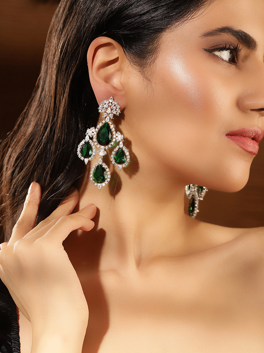 Emerald Stoned American Diamond Silver Plated Drop Earrings – Priyaasi