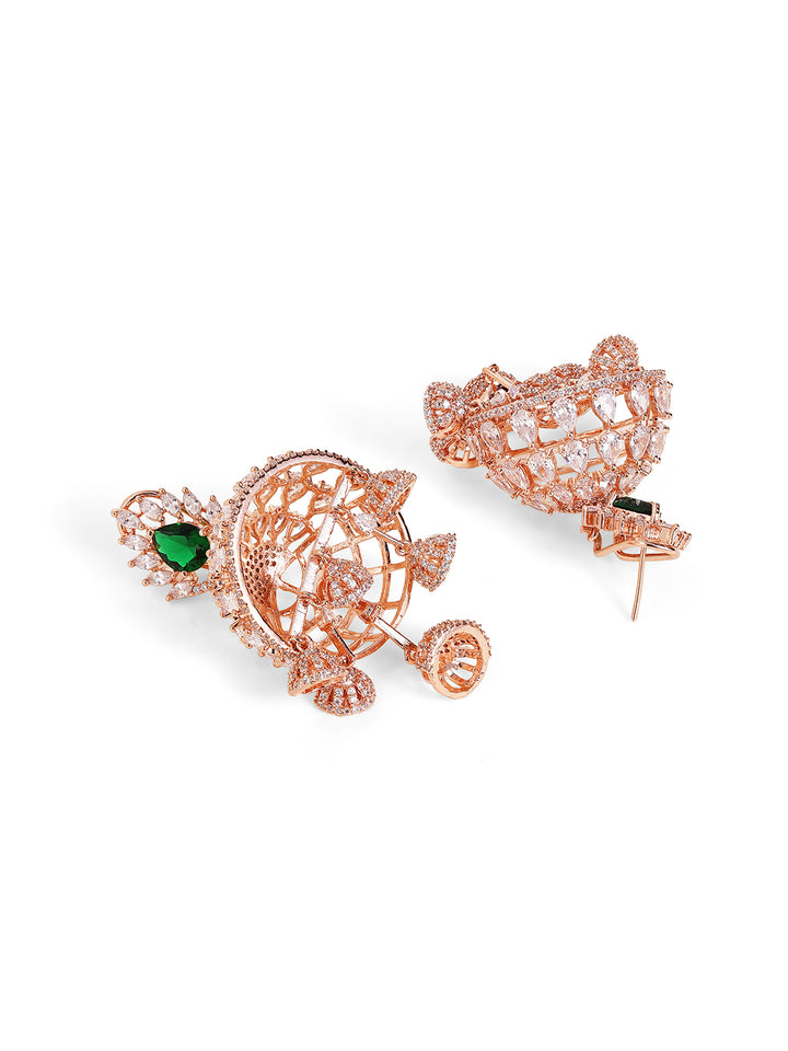 Emerald Stoned Floral Pattern American Diamond Jhumkis Rosegold Plated Earrings