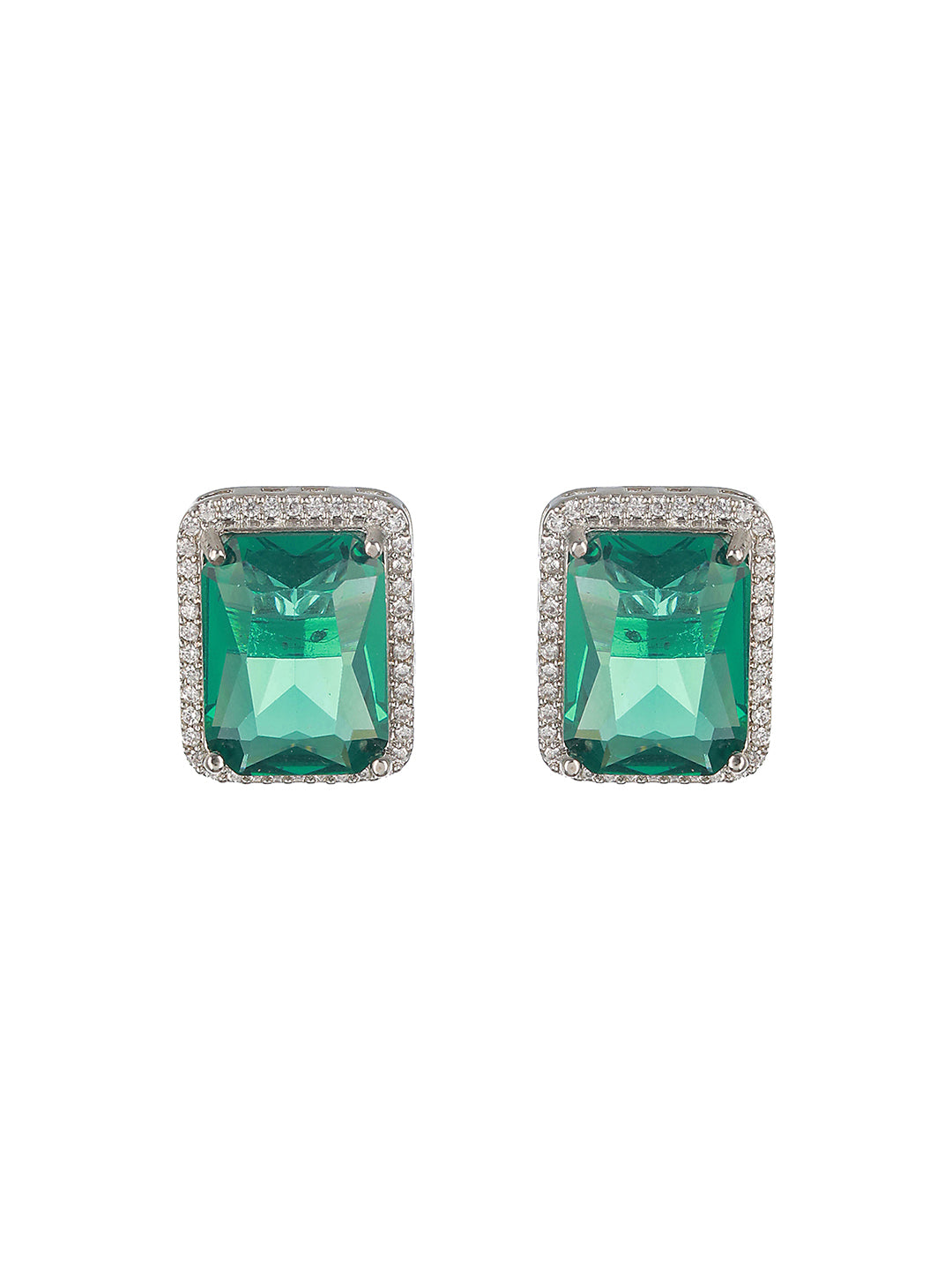 Priyaasi Green Block American Diamond Silver-Plated Stud Earrings