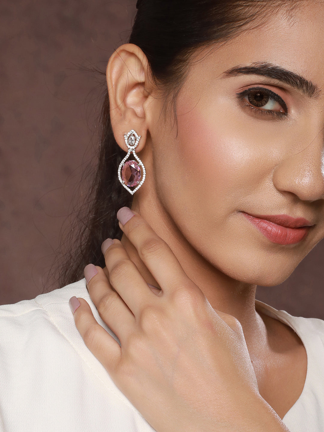 Priyaasi Pink Leaf Bud American Diamond Silver-Plated Drop Earrings