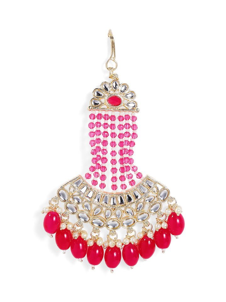 Pink Beads Kundan Elegance Floral Pattern Gold Plated Passa Side Tika