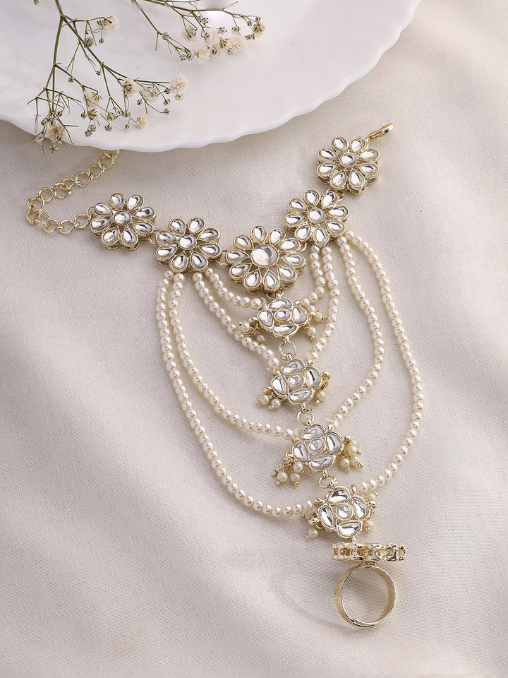 Priyaasi White Pearls and Floral Kundan Hathphool