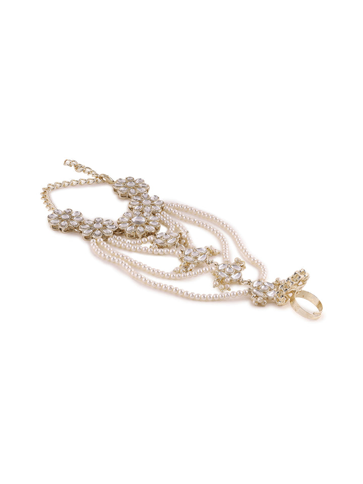 Priyaasi White Pearls and Floral Kundan Hathphool
