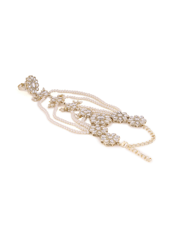 Priyaasi White Pearls and Floral Kundan Hathphool
