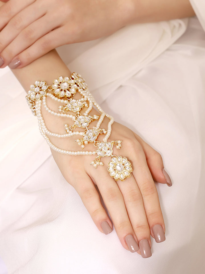 Priyaasi White Pearls and Floral Kundan Hathphool