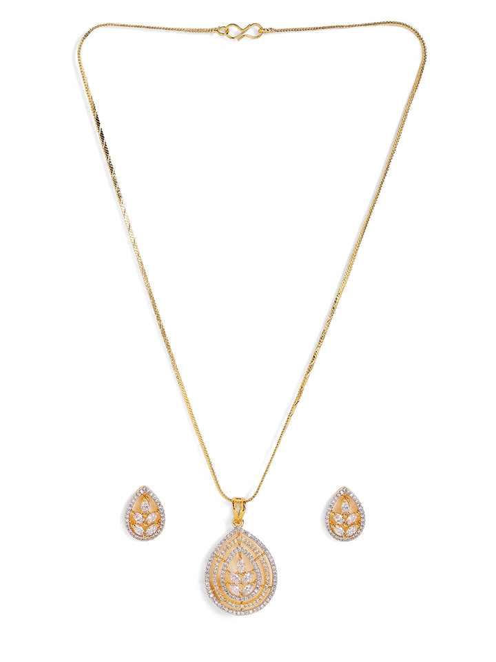 Oval Shaped American Diamond Floral Gold Plated Pendant Stud Earrings Jewellery Set