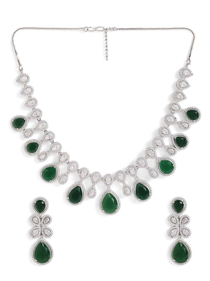 Drop Shaped Emerald American Diamond Necklace Silver Plated Drop Earrings Jewellery Set