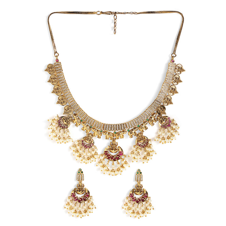 Ruby Pearl Elegance Gold Plated Lakshmi Design Necklace Drop Earrings Jewellery Set