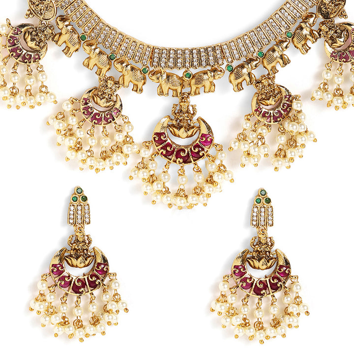 Ruby Pearl Elegance Gold Plated Lakshmi Design Necklace Drop Earrings Jewellery Set
