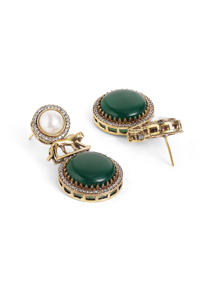 Green Stoned Pearl AD Combo Gold Plated Necklace Drop Earrings Jewellery Set