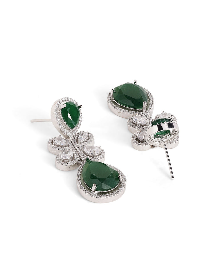 Drop Shaped Emerald American Diamond Necklace Silver Plated Drop Earrings Jewellery Set