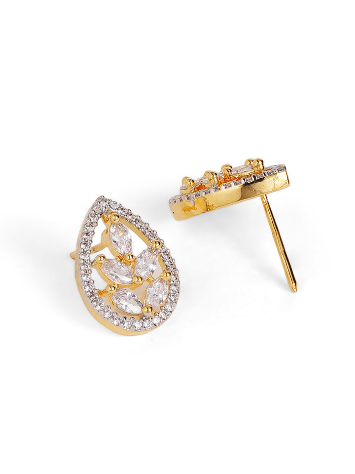 Oval Shaped American Diamond Floral Gold Plated Pendant Stud Earrings Jewellery Set