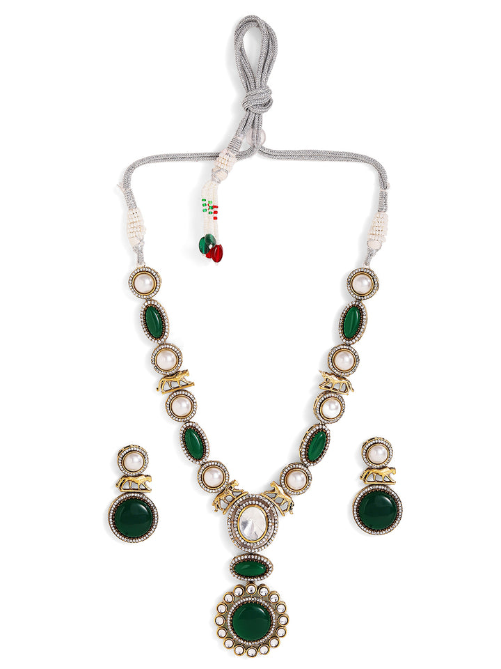 Green Stoned Pearl AD Combo Gold Plated Necklace Drop Earrings Jewellery Set