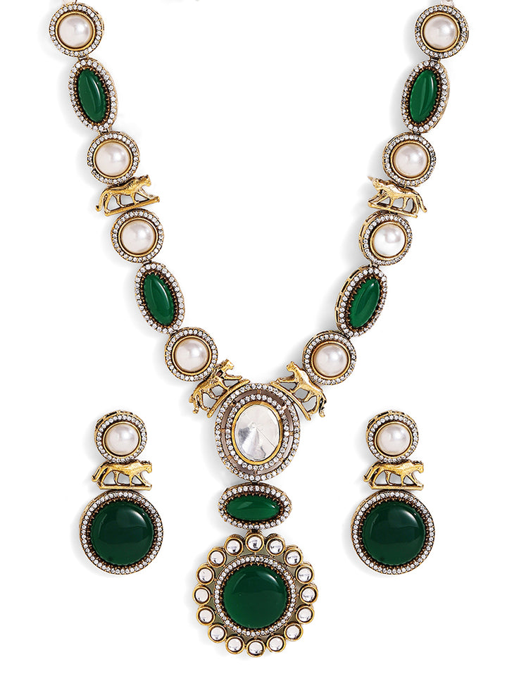 Green Stoned Pearl AD Combo Gold Plated Necklace Drop Earrings Jewellery Set