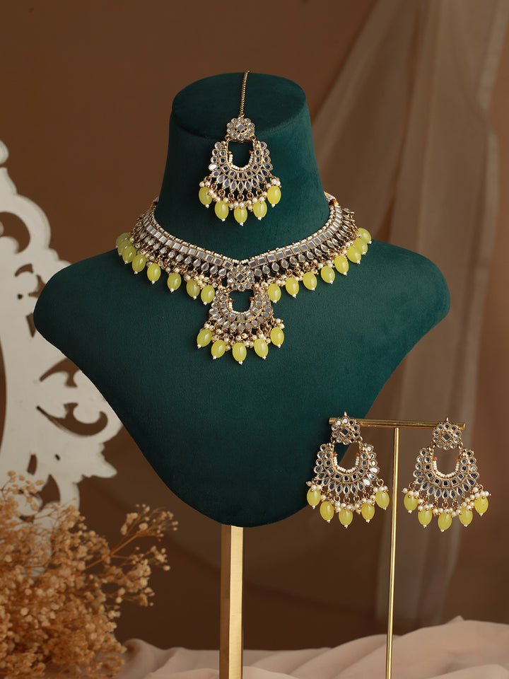 Green Mirror Design Beaded Gold-Plated Jewellery Set with Maangtikka