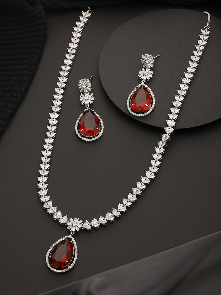 Red Teardrop Leaf American Diamond Silver-Plated Jewellery Set