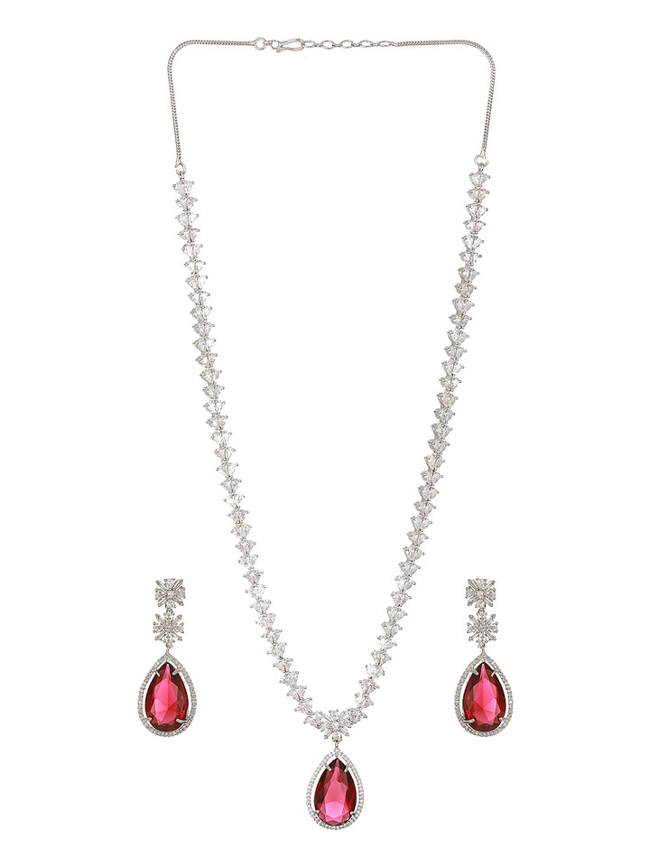Red Teardrop Leaf American Diamond Silver-Plated Jewellery Set
