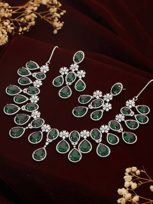 Emerald Floral Drops American Diamond Silver-Plated Jewellery Set